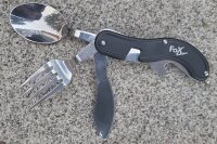 Taschenmesserbesteck - 4 in 1 -  teilbar - Messer +Gabel + Löffel - Polyesteretui mit Gürtelschlaufe