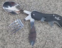 Taschenmesserbesteck - 4 in 1 -  teilbar - Messer +Gabel + Löffel - Polyesteretui mit Gürtelschlaufe