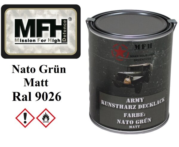 MFH Outdoorlack - Armylack - Kunstharz Decklack - Nato Grün - Matt - RAL9026 - ca. 1 Liter Dose