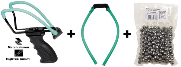 Steinschleuder / Zwille "Deluxe" - stabiler Metallrahmen - HighTec Gummiband - ergonomisch geformter Griff + Ersatzgummi + 200 Metallkugeln
