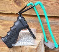 Steinschleuder / Zwille "Deluxe" - stabiler Metallrahmen - HighTec Gummiband - ergonomisch geformter Griff + Ersatzgummi + 200 Metallkugeln