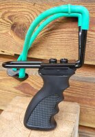 Steinschleuder / Zwille "Deluxe" - stabiler Metallrahmen - HighTec Gummiband - ergonomisch geformter Griff + Ersatzgummi + 200 Metallkugeln