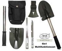 Multifunktionsset -  6in1 - Universalstiel - Beil, Spaten, Säge, Messer mit Flaschen- und Dosenöffner