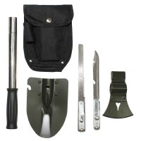 Multifunktionsset -  6in1 - Universalstiel - Beil, Spaten, Säge, Messer mit Flaschen- und Dosenöffner