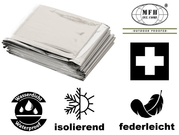 Notfall - Rettungsdecke - alubeschichtet - Silber - Notfalldecke - Leicht - schützt vor Kälte, Nässe, Wind