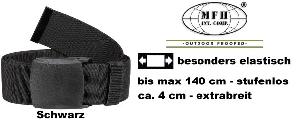 Gürtel "Tactical Elastic" - Klappverschluss - Hoher Tragekomfort - stufenlos bis ca. 140 cm verstellbar - Schwarz - Extra Breit