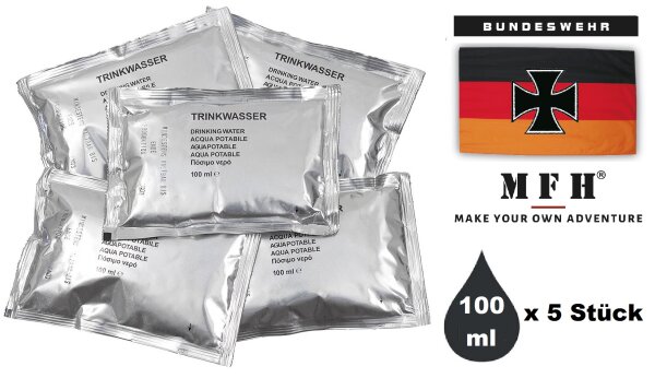 Bundeswehr Trinkwasser - Pack mit 5 x 100 ml Beutel - 5 Jahre haltbar - stabile Beutel