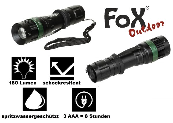 Stablampe - Taschenlampe - Tactical - 180 Lumen - ca. 300m – CREE LED - 3 AAA Batterien = 8h Leuchtdauer