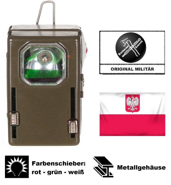 Polnische Taschenlampe - Braun - Signallampe - Neuwertig - 3 Farbenschieber - Metallgehäuse - Original Militär