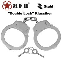 Stahl Handschellen - Handfesseln - "Deluxe"- vernickelt - mit Zwischenkette und Drehlager - Double Lock Klassiker