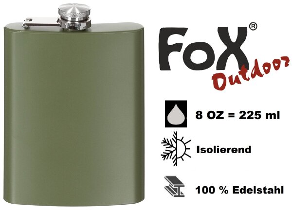 Flachmann - 100% Edelstahl 8 OZ = 225ml - Oliv - geruchs- und geschmacksneutral