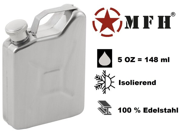 Taschenflasche "Kanister" - 5 OZ = 148ml - 100% Edelstahl - polierte Oberfläche - geruchs- und geschmacksneutral