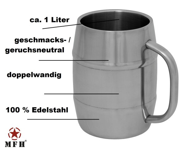 Krug "Fass" - 1 Liter - 100% Edelstahl - Doppelwandig - mit Rundgriff - geruchs- und geschmacksneutral