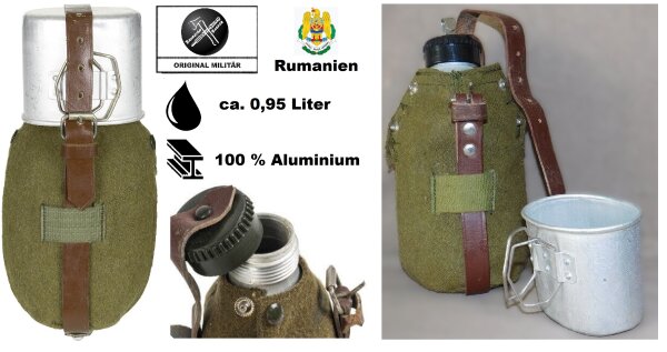 Rumänische Feldflasche - ca. 0,95 Liter - 100% Aluminium - inkl. Becher mit Klappgriffen - Wollbezug - Lederriemen - Original