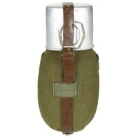 Rumänische Feldflasche - ca. 0,95 Liter - 100% Aluminium - inkl. Becher mit Klappgriffen - Wollbezug - Lederriemen - Original