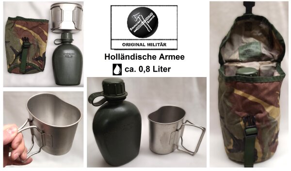 NL Holländische Feldflaschen Set - ca. 0,8 Liter - Kunststoff - inkl. Metall Becher mit Klappgriffen - DPM Bezug - Original Militär
