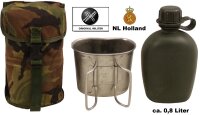 NL Holländische Feldflaschen Set - ca. 0,8 Liter - Kunststoff - inkl. Metall Becher mit Klappgriffen - DPM Bezug - Original Militär