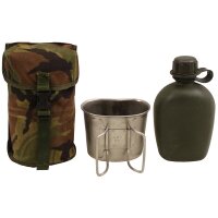 NL Holländische Feldflaschen Set - ca. 0,8 Liter - Kunststoff - inkl. Metall Becher mit Klappgriffen - DPM Bezug - Original Militär
