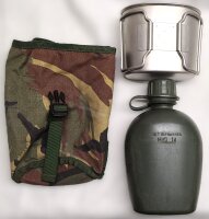 NL Holländische Feldflaschen Set - ca. 0,8 Liter - Kunststoff - inkl. Metall Becher mit Klappgriffen - DPM Bezug - Original Militär