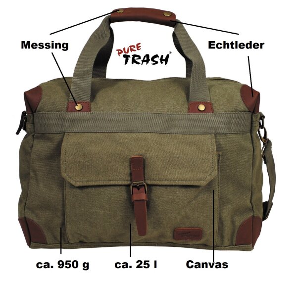 Handtasche - Laptoptasche Canvas "PureTrash" - ca. 35 Liter - Echtleder- und Messingaccessoire - ca. 950 g - ca. 32 x 46 x 25 cm