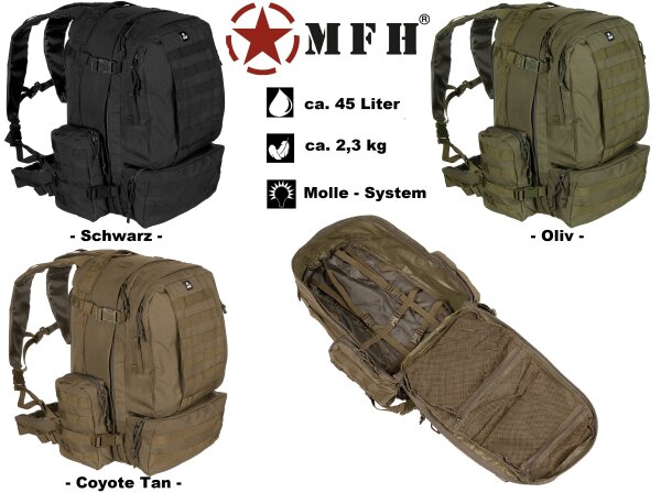 Italienischer Tactical Rucksack - Mollesystem - Trinkschlauch- und Gerätekabelöffnung - ca. 45 Liter - ca. 2,3 kg - ca. 42 x 53 x 30 cm