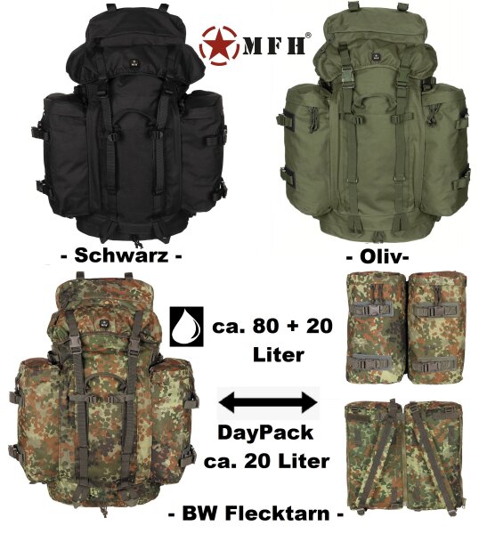 BW Rucksack "Mountain" - Seitentaschen = DayPack - mit Vario - Back - System - ca. 80 + 20 Liter