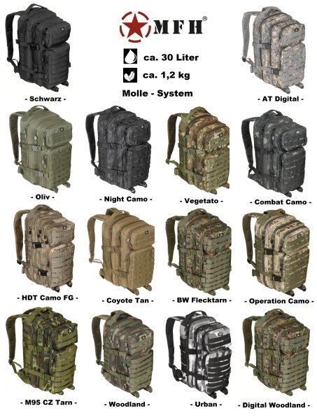 US Rucksack - Assault I - ca. 30 Liter - ca. 1,2 kg - ca. 23 x 44 x 24 cm - 100 % Polyester