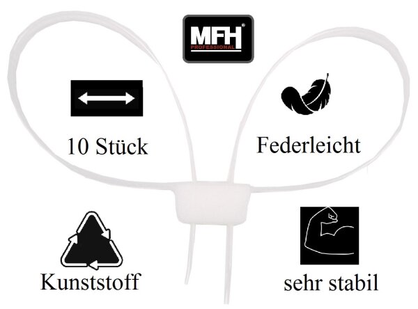 Kunststoffhandschellen - Kunststofffußfesseln -  70 x 1,25 cm - Weiß - 10 Stück je Pack