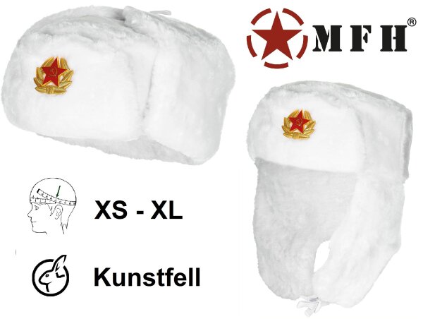 Russische Fellmütze - Uschanka / Tschapka - kein Echtfell - mit Ohrenklappen - Weiß - abnehmbares Emblem