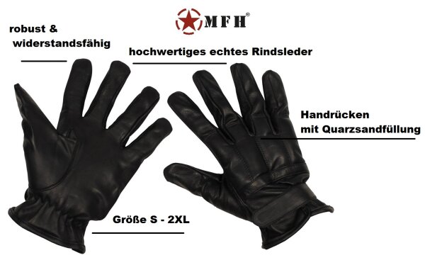 Lederhandschuhe mit Quarzsandfüllung - Schwarz - griffiges, weiches Leder - 100 % Rindsleder - extrem stabil