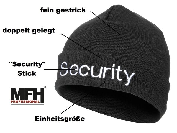 Strickmütze - Security - silber bestickt - fein gestrickt - schwarz - Einheitsgröße - 100 % Polyacryl