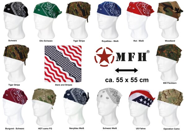 Bandana - ca. 55 x 55 cm - atmungsaktiv und feuchtigkeitsleitend - 100 % Baumwolle
