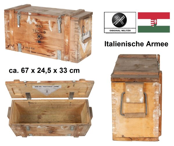 Italienische Holzkiste - sehr stabil - zwei Tragegriffe - mit Verschluss - ca.67 x 24,5 x 33 cm - 100 % Hartholz - Original Militär