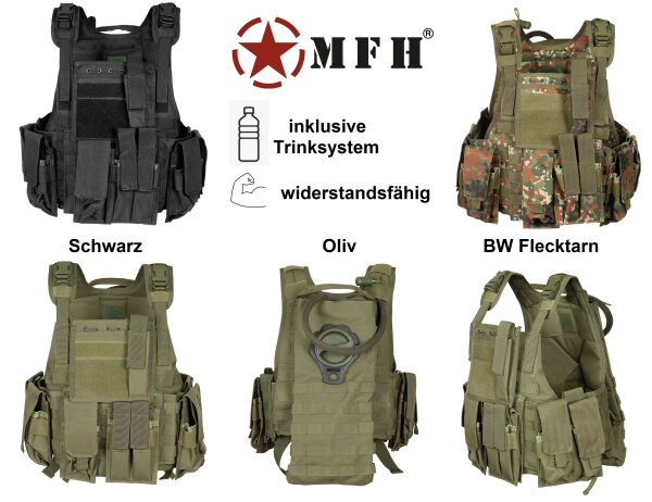 Weste "Ranger" mit Trinksystem - div. Taschen - Weitenregulierung an der Hüfte - Molle - 100% Polyester