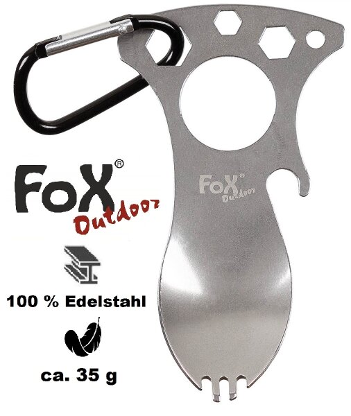 Multifunktionslöffel - mit Karabiner - Göffel - 35 g - 100 % Edelstahl - 2 in 1: Gabel und Löffel