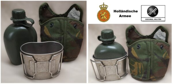NL Holländische Feldflaschen Set - ca. 0,8 Liter - Kunststoff - inkl. Metall Becher mit Klappgriffen - NL Tarn - Original Militär