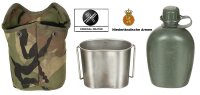 NL Holländische Feldflaschen Set - ca. 0,8 Liter - Kunststoff - inkl. Metall Becher mit Klappgriffen - NL Tarn - Original Militär
