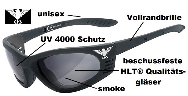 KHS® Armee Sportbrille - Smoke - widerstandsfähige Vollrandbrille - beschussfeste HLT®- Qualitätsgläser - ohne Kordelband