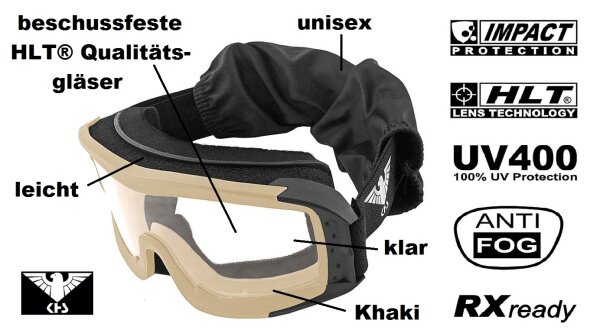 KHS® Military Tacticalbrille - Taktische Einsatzbrille - klar - beschussfeste HLT®- Qualitätsgläser - khaki  - UV Schutz