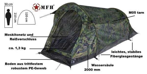 MFH® Einpersonen - Tunnelzelt "Schwarzenberg" - M05 tarn - einwandig - Moskitonetz  - sehr stabil - Wassersäule: 2000 mm
